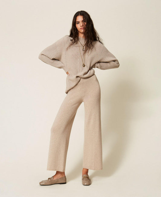TWINSET Pantaloni a palazzo in maglia di misto lana 262TT3072 Mastice Chiaro Argento