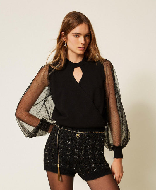 TWINSET Maglia con maniche in tulle plumetis 262TT3420 Nero