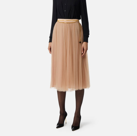 ELISABETTA FRANCHI Gonna in tulle con cintura gioiello GO15057E2 Nude