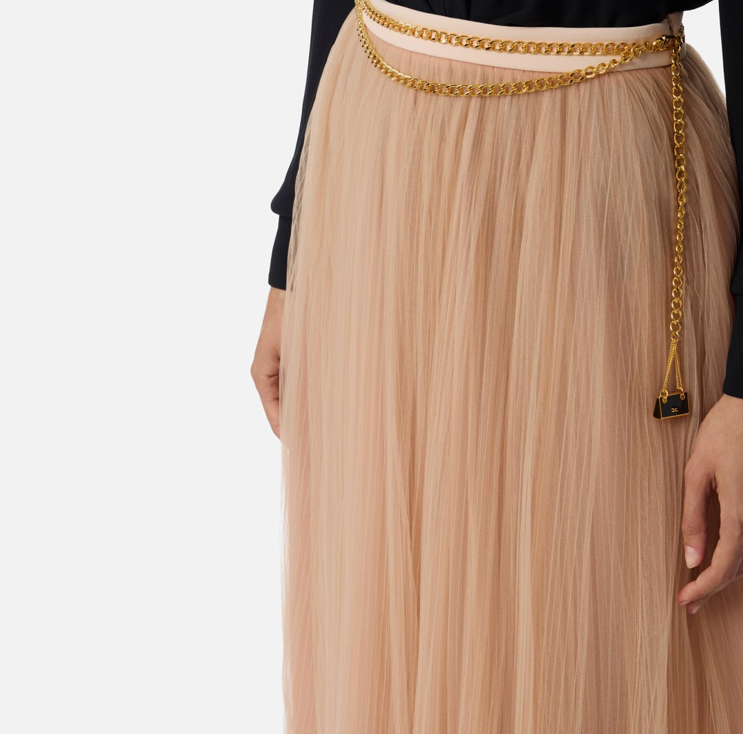 ELISABETTA FRANCHI Gonna in tulle con cintura gioiello GO15057E2 Nude