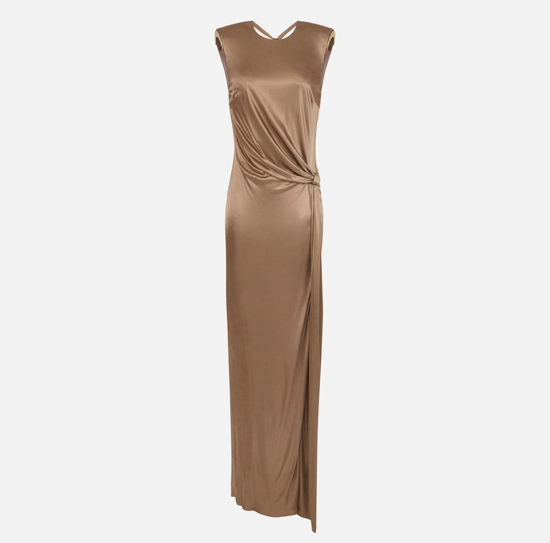 ELISABETTA FRANCHI Red Carpet glossy viscose jersey dress ABR2461E2 Clay