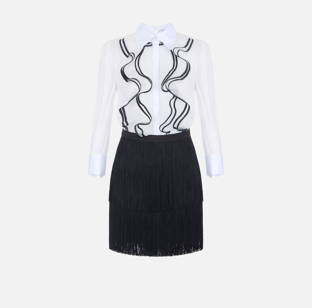 ELISABETTA FRANCHI Abito in georgette con ruches e frange AB02267E2 Avorio Nero