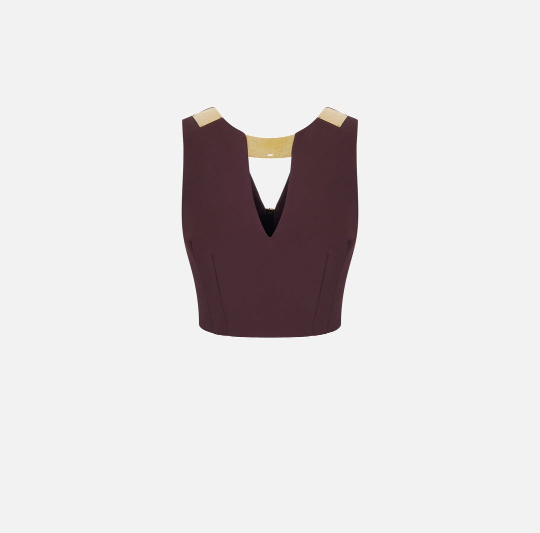 ELISABETTA FRANCHI Double stretch crepe top with jewel neckline TO05061E2 Cacao