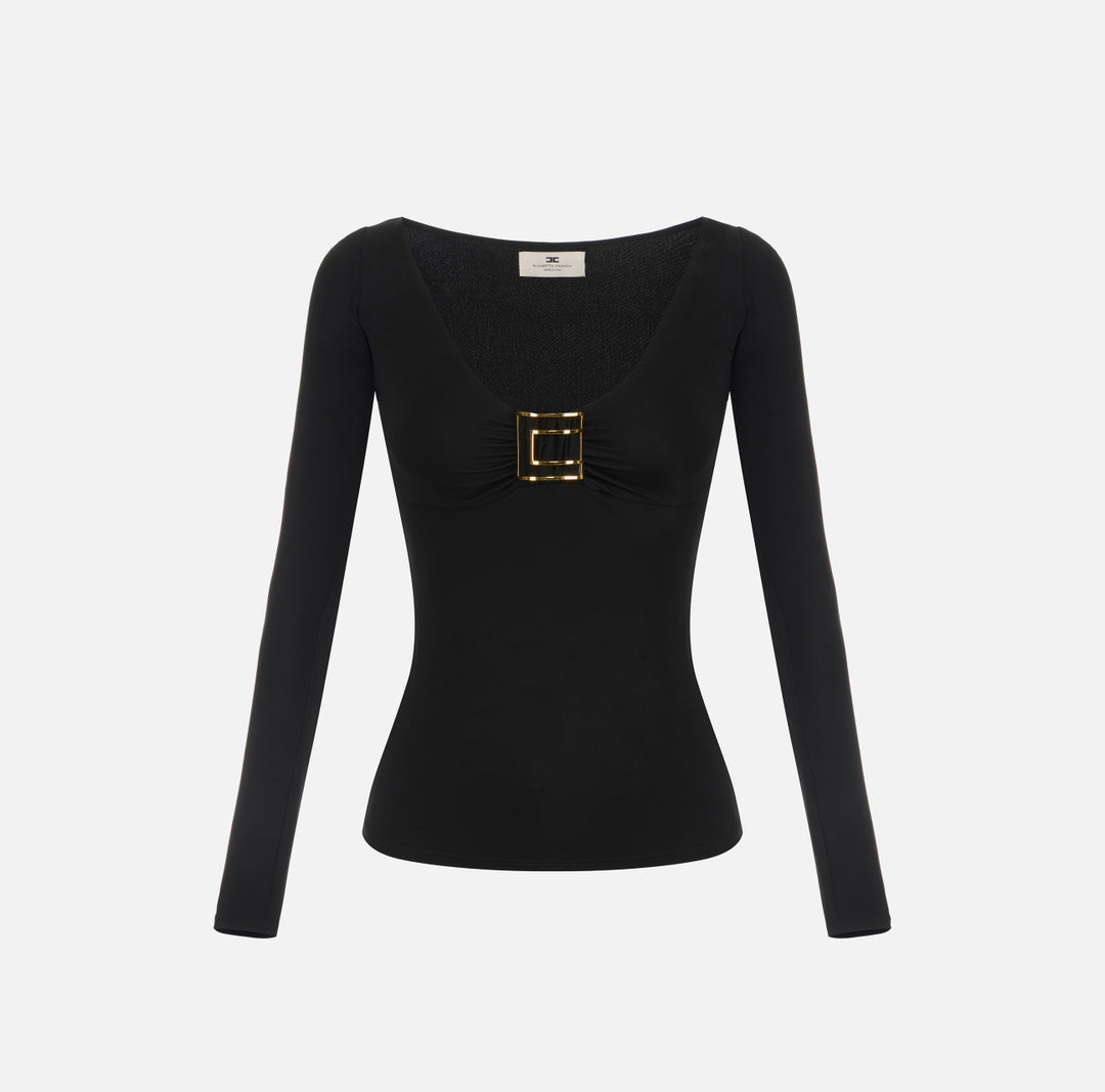 ELISABETTA FRANCHI Maglia in jersey con logo gioiello MD00567E2 Nero