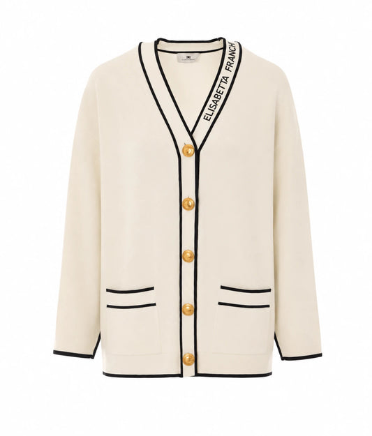 ELISABETTA FRANCHI Maglia Cardigan bottoni gioiello MK13S66E2 Burro-Nero