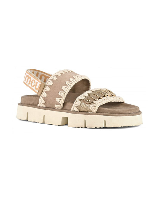 MOU Bio sandal suede & leather logo metallic lizard gold