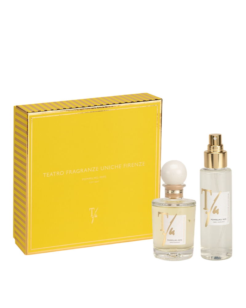 TEATRO FRAGRANZE UNICHE Gift Box POMPELMO PEPE Combo Fragranza Tessuti Spray ML.100+ Fragranza Ambiente Sticks ML.100
