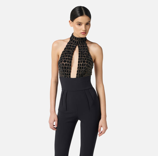 ELISABETTA FRANCHI Tuta in tulle e crepe con ricami cocco TU06257E2 Nero