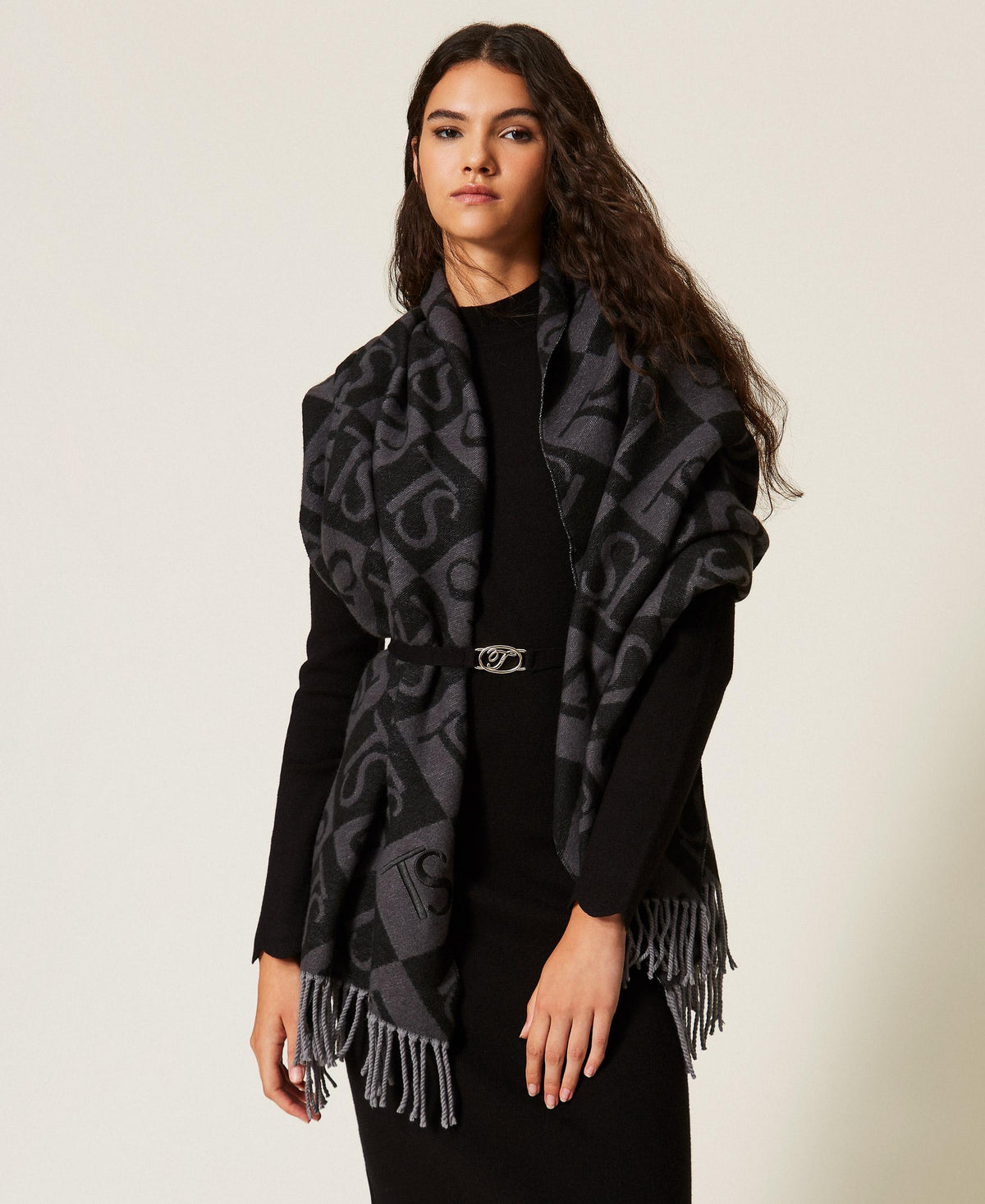 TWINSET Stola jacquard a rombi con logo 262TO5460 Grigio Melange