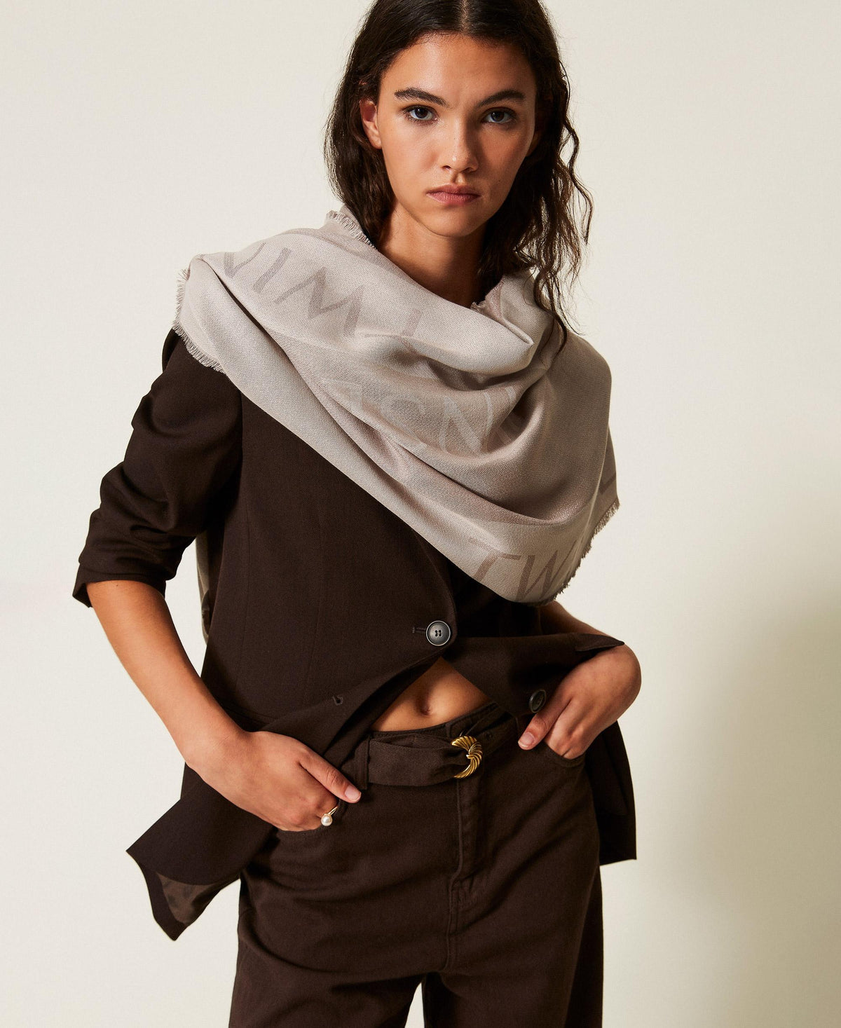 TWINSET Stola Donna Jacquard con logo 262TO5490 Mastice