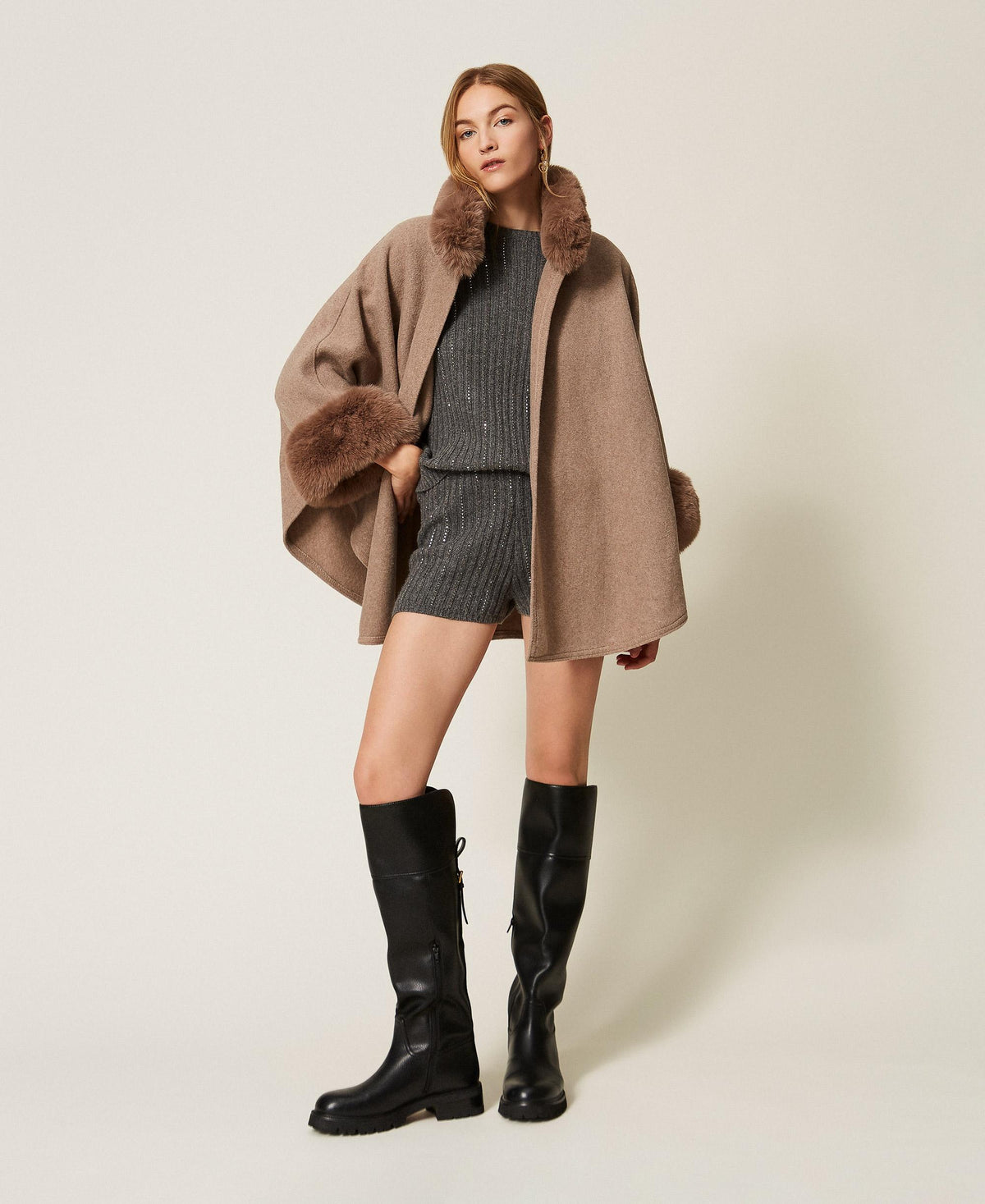 TWINSET Poncho in panno con faux fur 262TO5730 Mastice