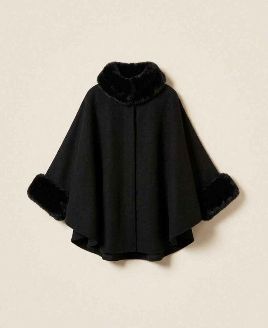 TWINSET Poncho in panno con faux fur 262TO5730 Nero