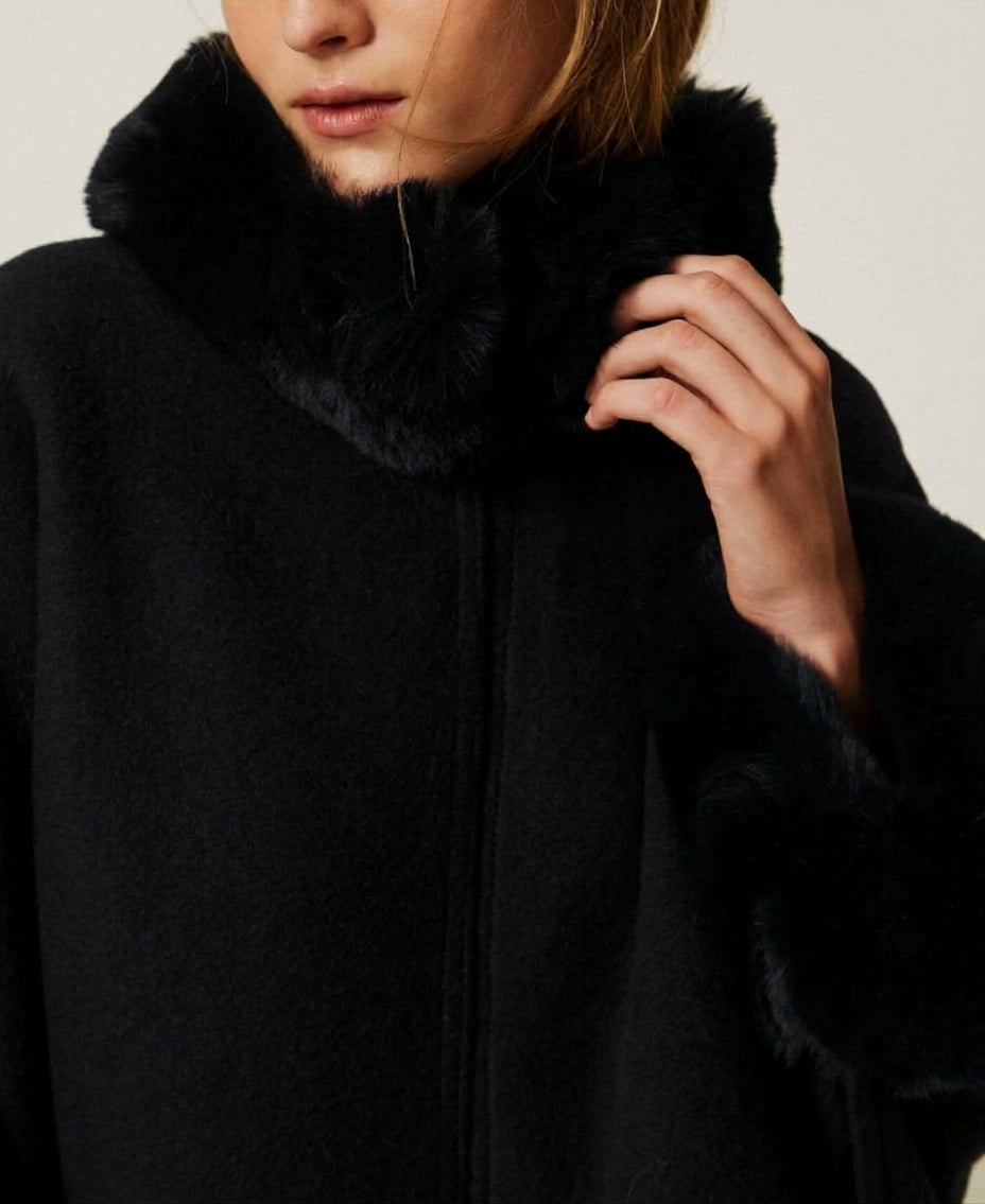 TWINSET Poncho in panno con faux fur 262TO5730 Nero
