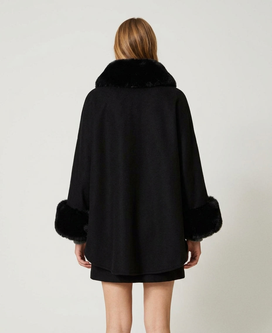 TWINSET Poncho in panno con faux fur 262TO5730 Nero