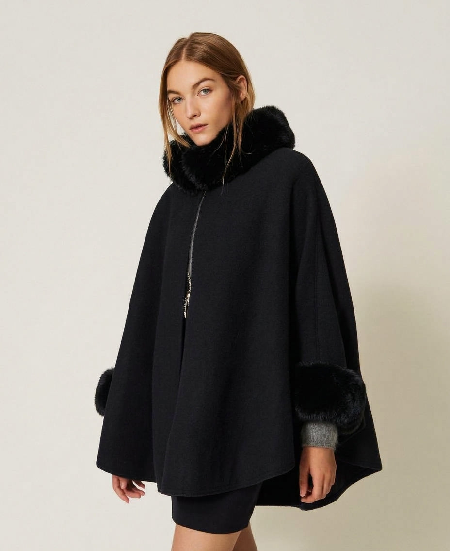 TWINSET Poncho in panno con faux fur 262TO5730 Nero