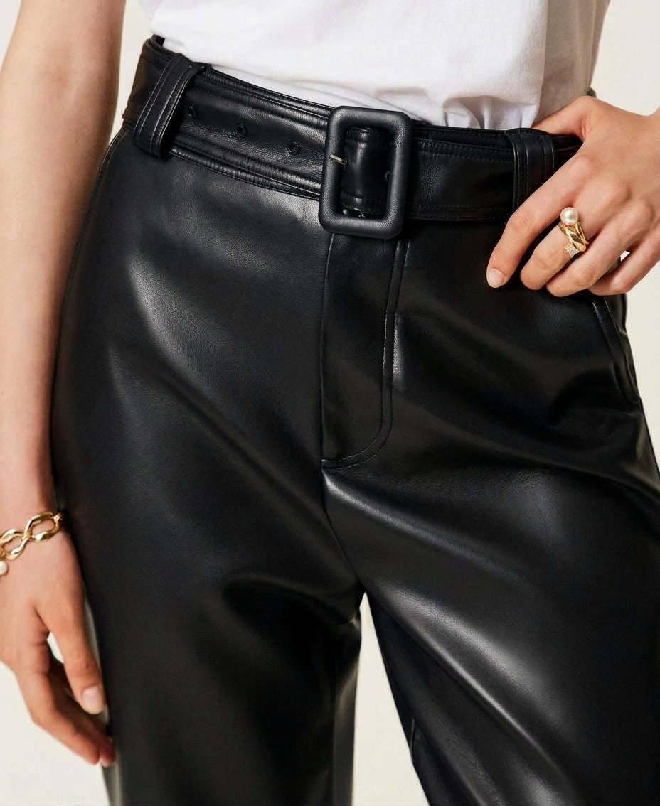 TWINSET Pantaloni effetto pelle con cintura 262TP2051 Nero