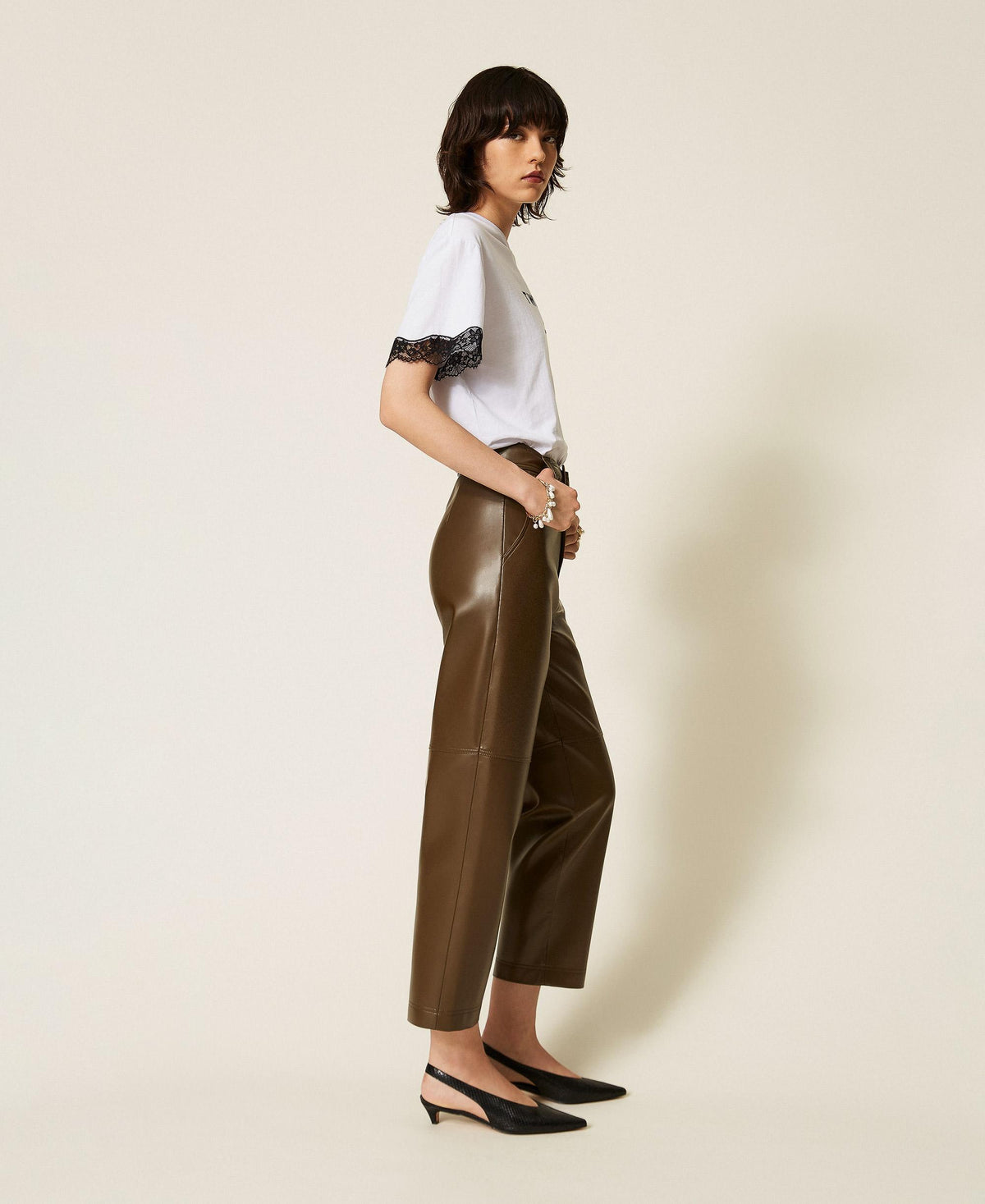 TWINSET Pantaloni effetto pelle con cintura 262TP2051 Darkness Brown