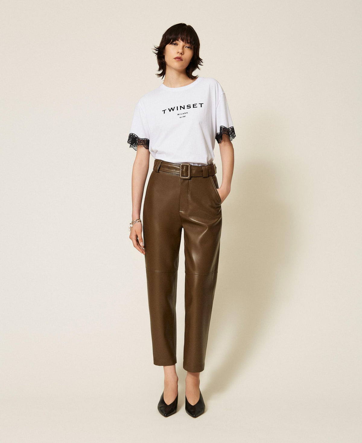 TWINSET Pantaloni effetto pelle con cintura 262TP2051 Darkness Brown