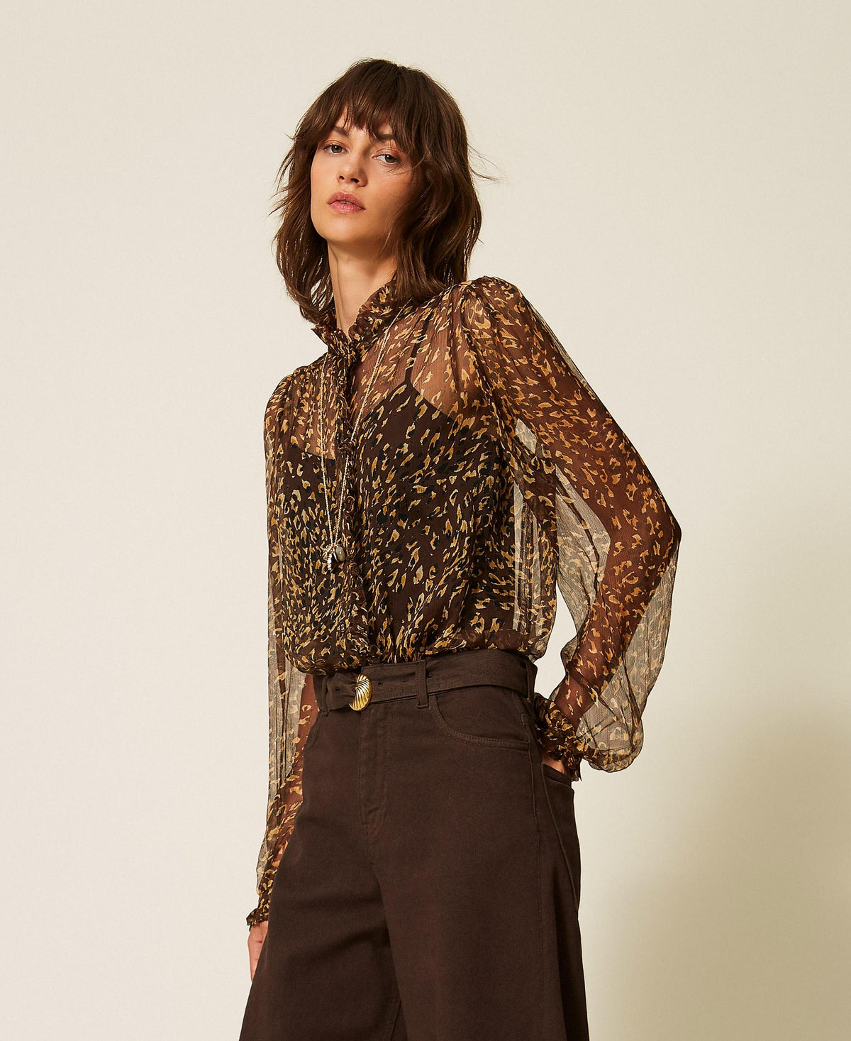 TWINSET Camicia in creponne di seta animalier 262TP269B Stampa Animal Brown Gold