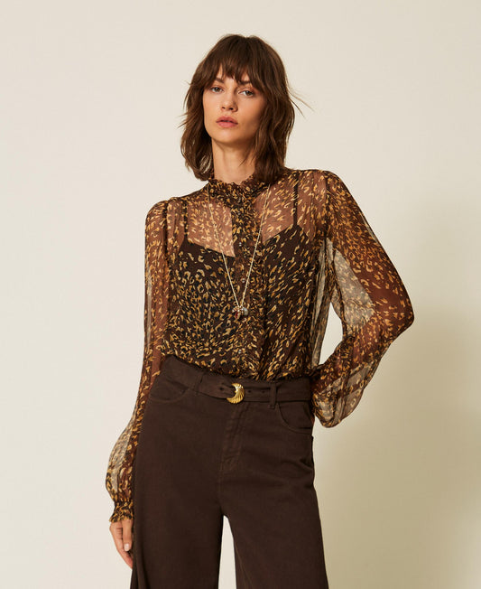 TWINSET Camicia in creponne di seta animalier 262TP269B Stampa Animal Brown Gold