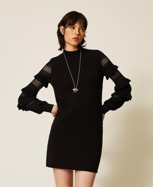 TWINSET Abito corto in maglia a punto rete con volant 262TP3112 Nero