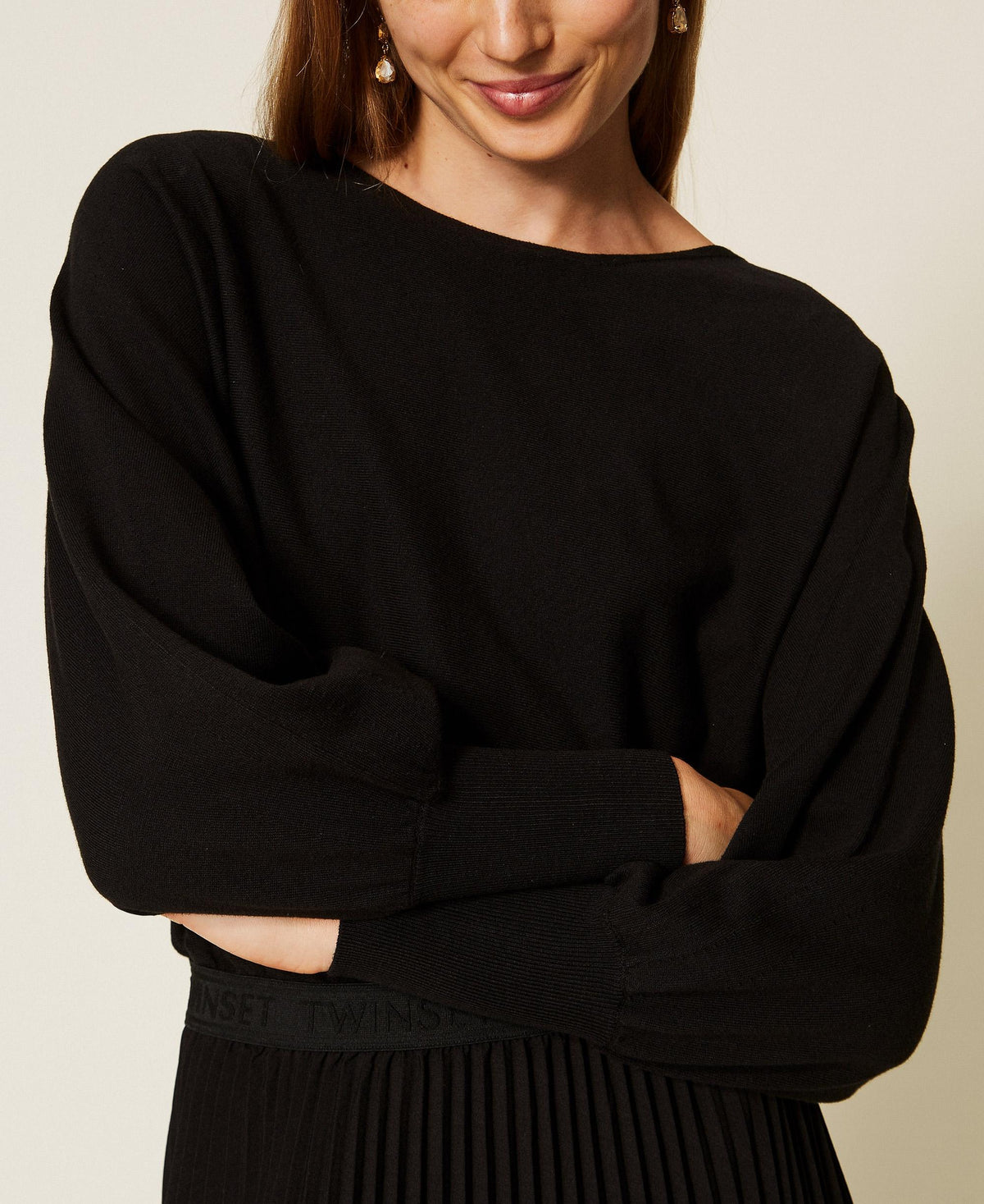 TWINSET Abito lungo in maglia e crepe plisse 262TP3250 Nero