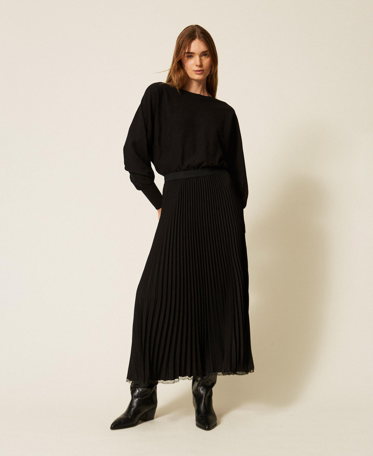 TWINSET Abito lungo in maglia e crepe plisse 262TP3250 Nero