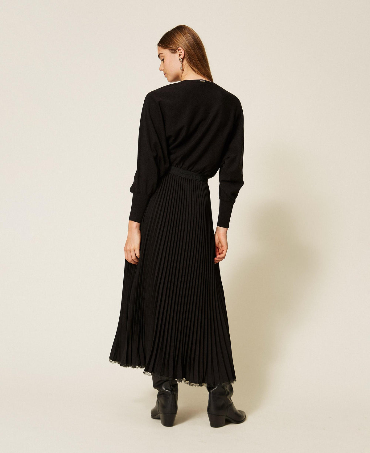 TWINSET Abito lungo in maglia e crepe plisse 262TP3250 Nero