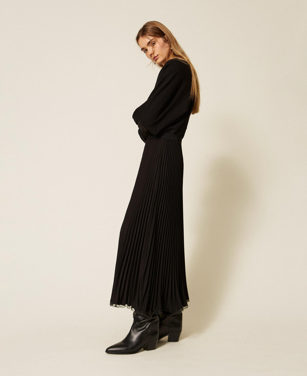 TWINSET Abito lungo in maglia e crepe plisse 262TP3250 Nero