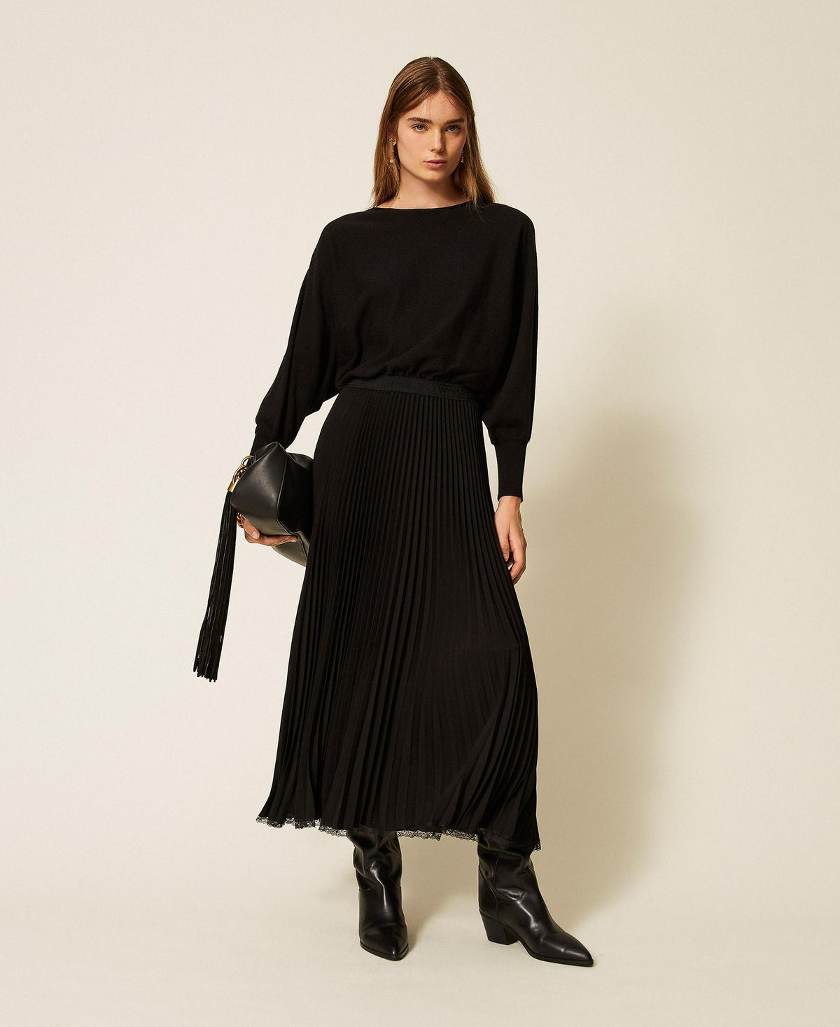TWINSET Abito lungo in maglia e crepe plisse 262TP3250 Nero