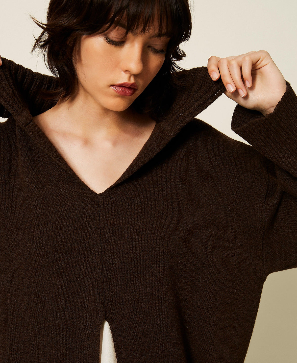 TWINSET Maxi maglia in misto lana con spacco 262TP3555 Darkness Brown