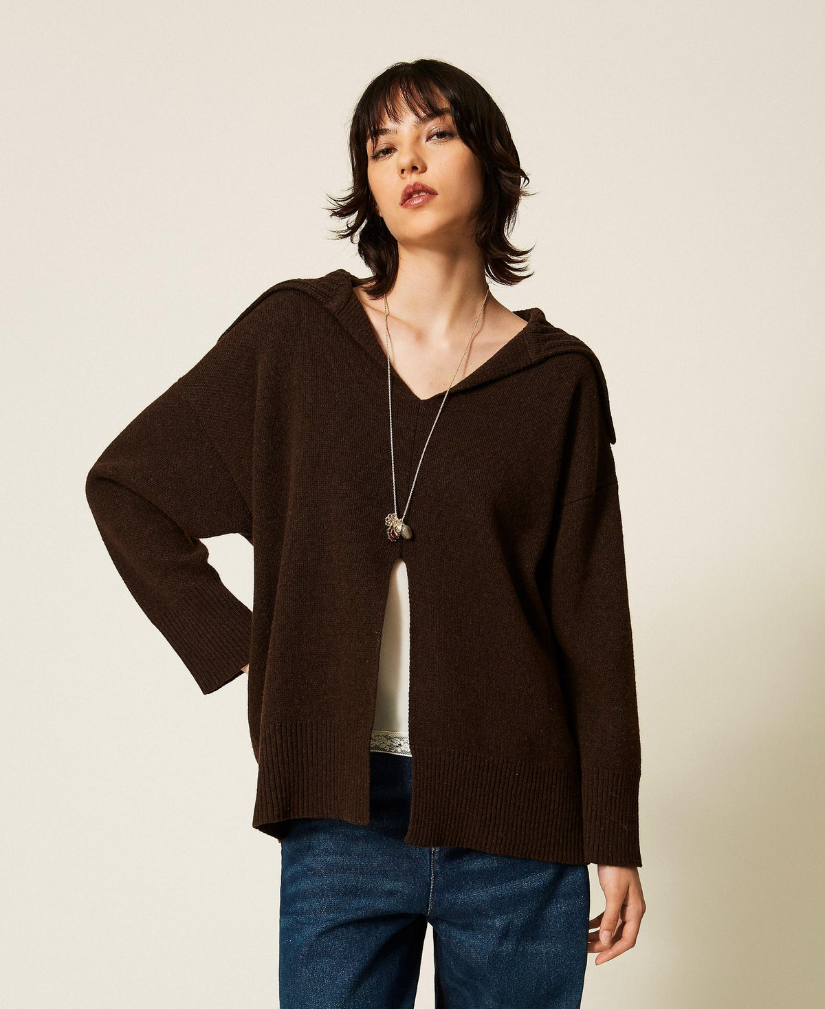 TWINSET Maxi maglia in misto lana con spacco 262TP3555 Darkness Brown