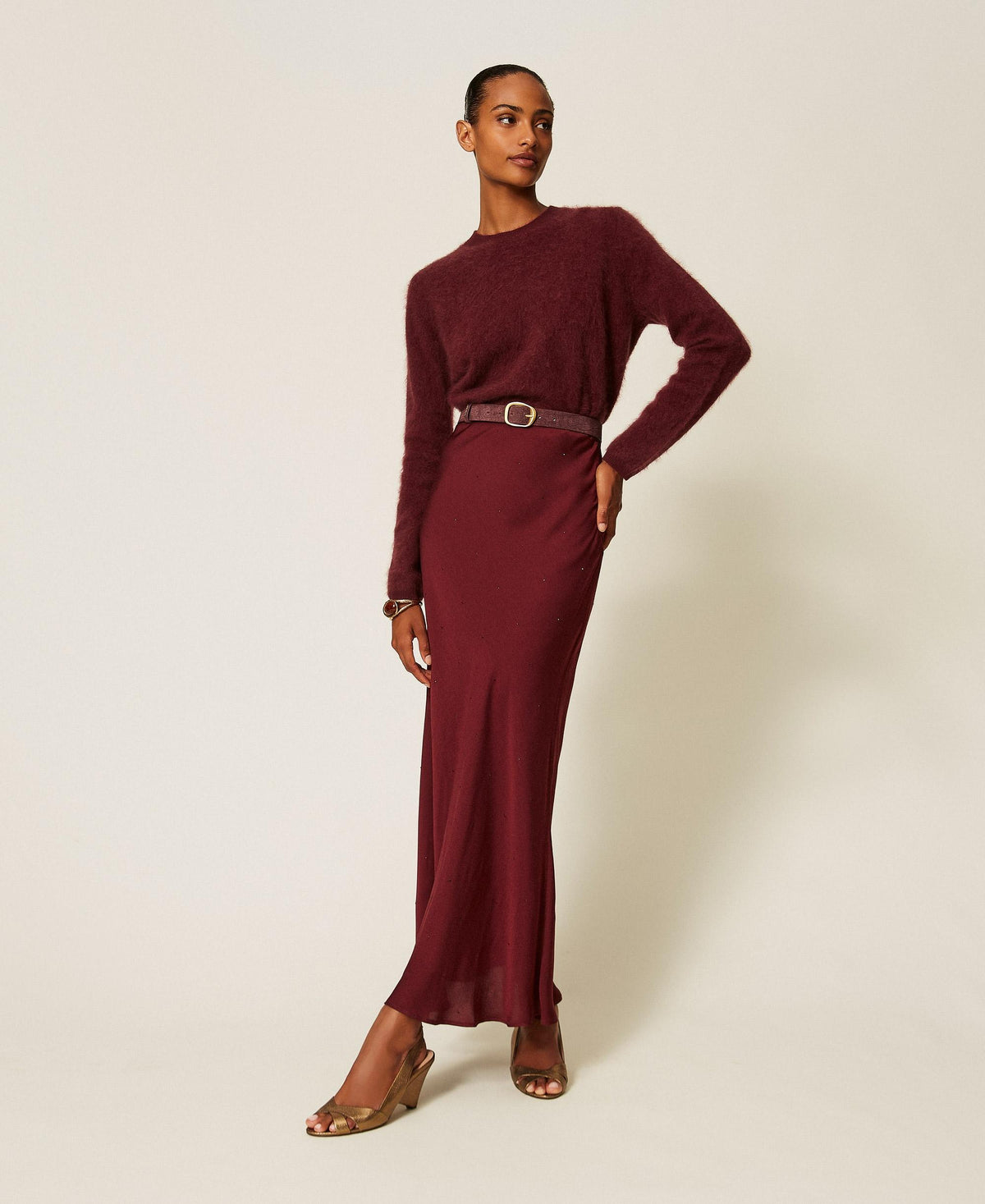 TWINSET Gonna lunga in raso con strass 262TT2073 Bordeaux
