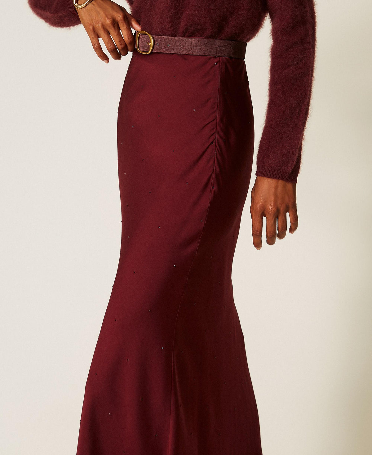 TWINSET Gonna lunga in raso con strass 262TT2073 Bordeaux