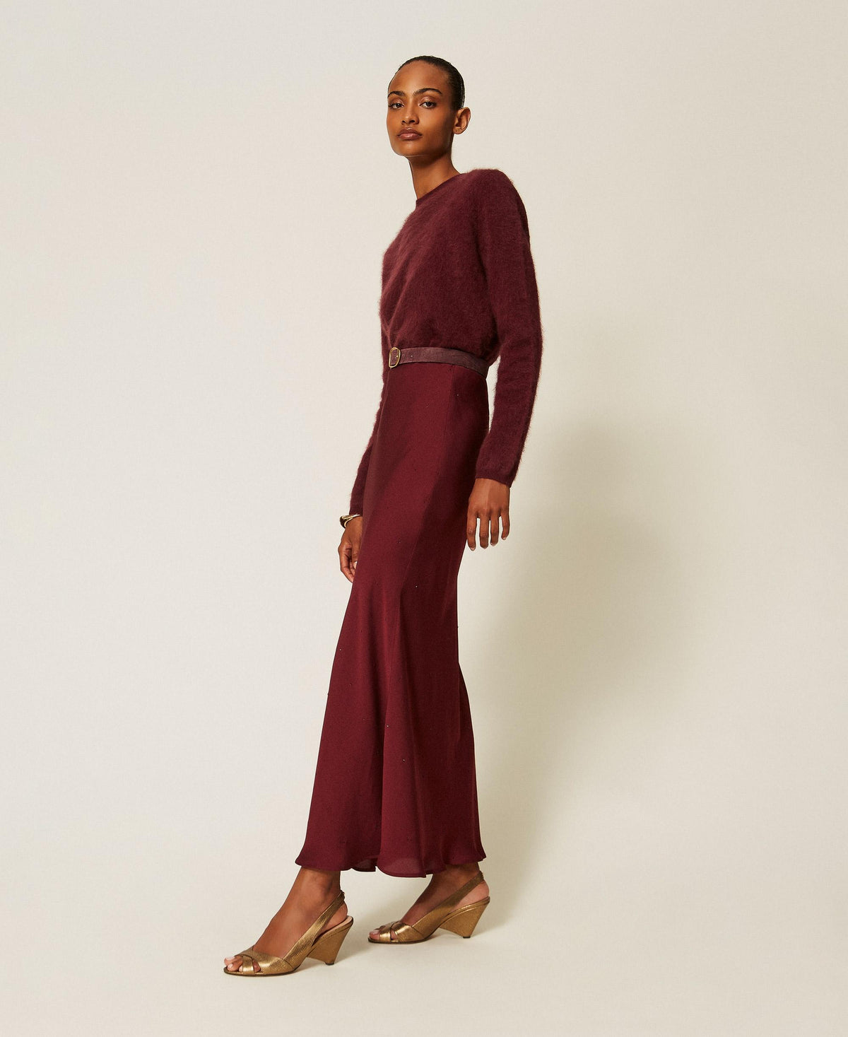 TWINSET Gonna lunga in raso con strass 262TT2073 Bordeaux