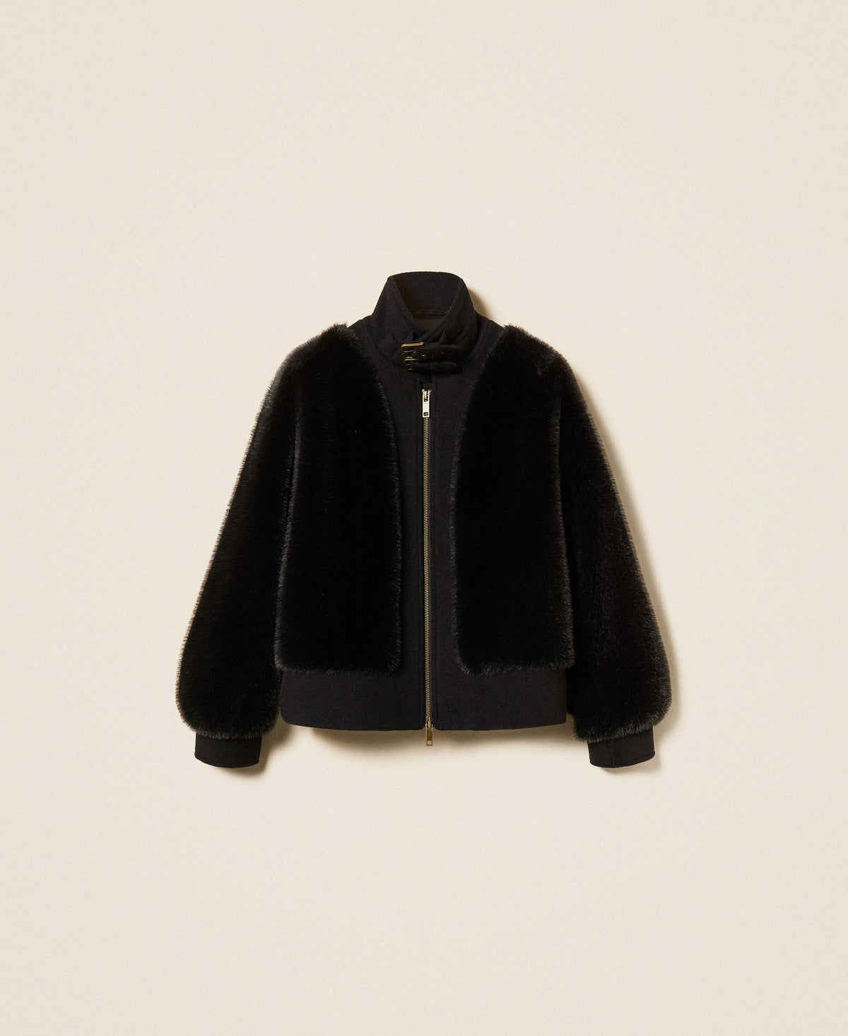 TWINSET Bomber in faux fur e panno 262TT2180 Nero