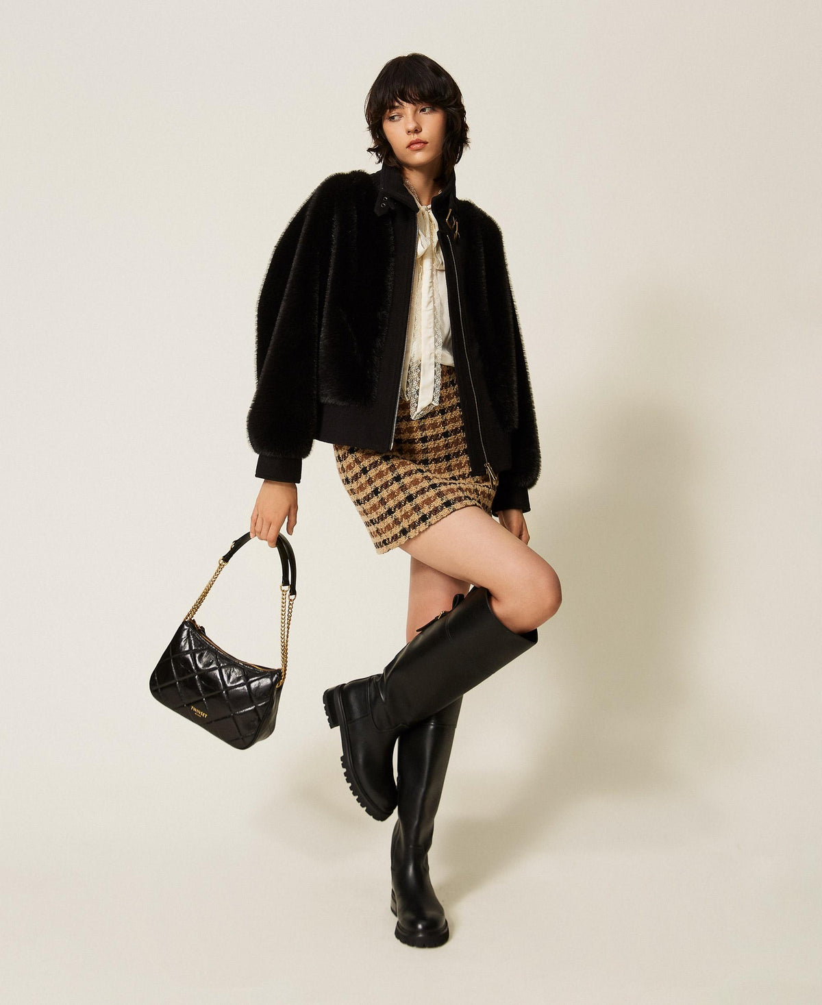 TWINSET Bomber in faux fur e panno 262TT2180 Nero