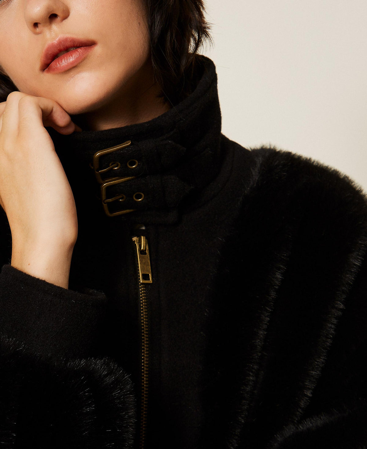 TWINSET Bomber in faux fur e panno 262TT2180 Nero