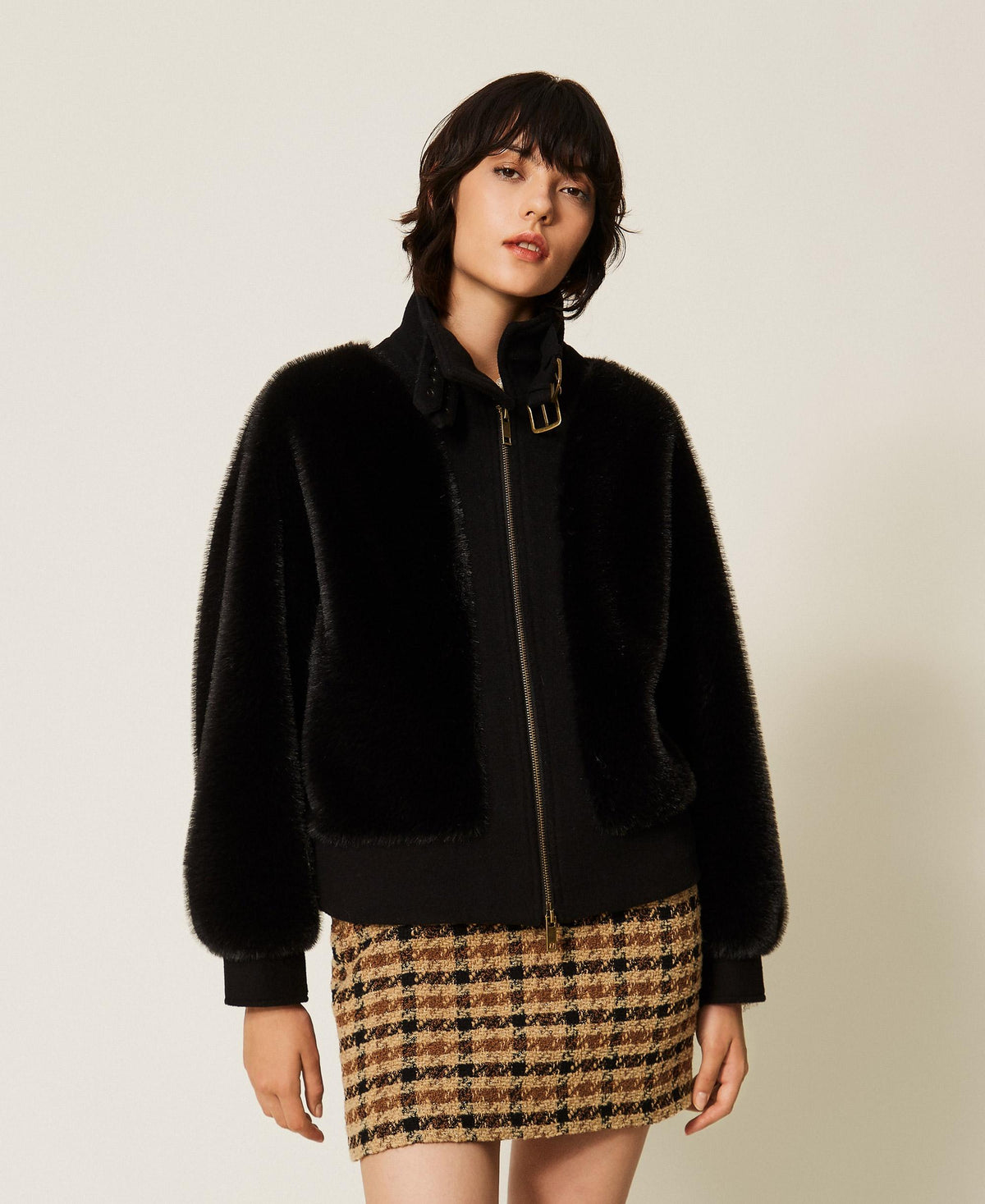 TWINSET Bomber in faux fur e panno 262TT2180 Nero
