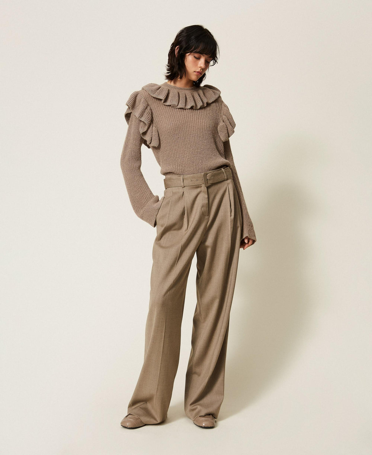 TWINSET Pantaloni a palazzo in raso opaco 262TT2220 Mastice