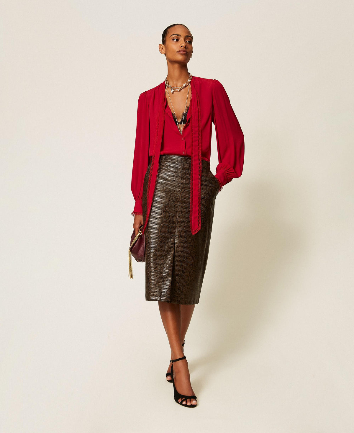 TWINSET Gonna longuette a stampa python 262TT2281 Brown Black