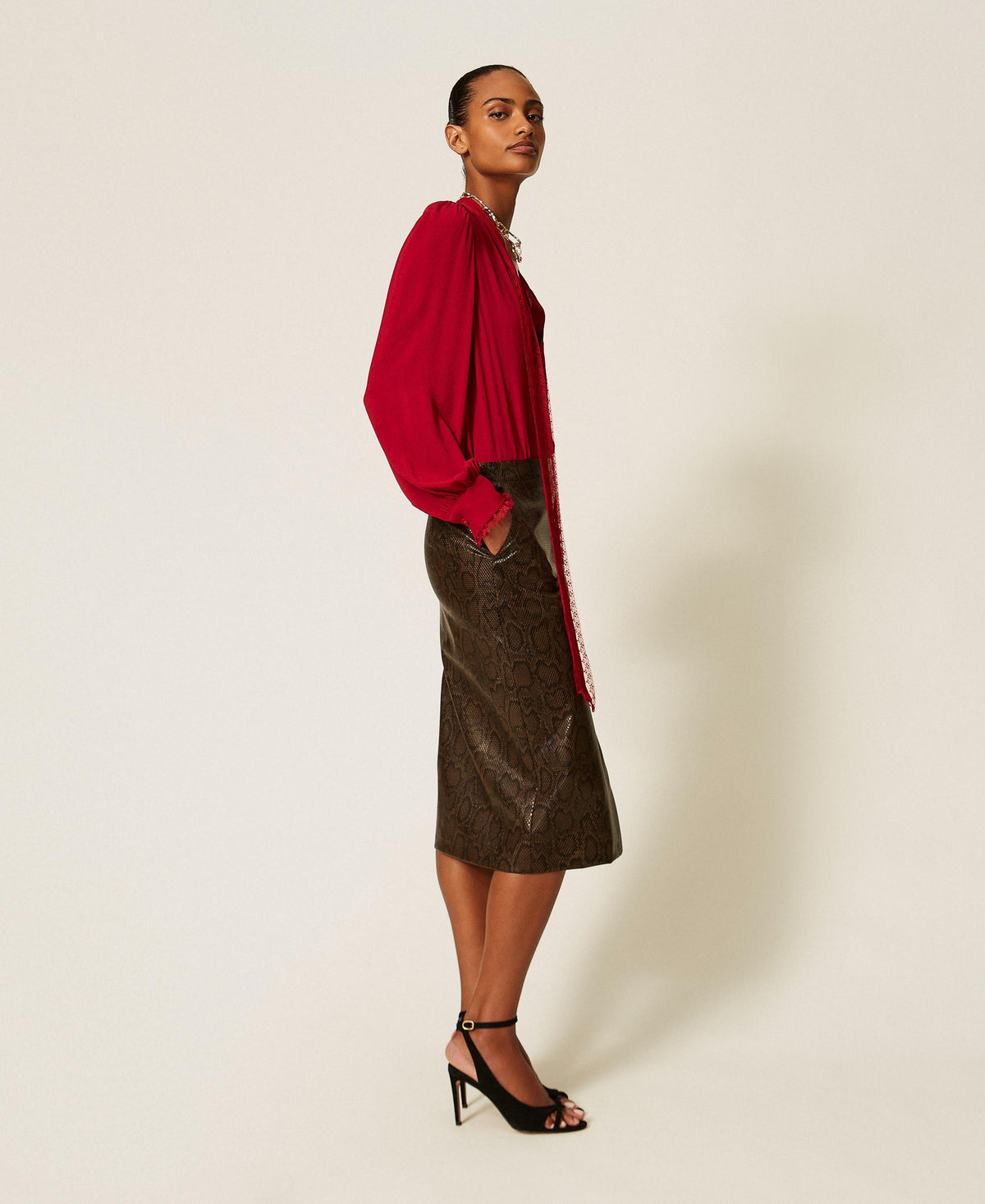 TWINSET Gonna longuette a stampa python 262TT2281 Brown Black