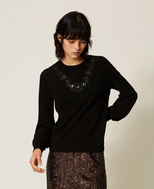 TWINSET Maglia con intarsio in pizzo macramè 262TT3042 Nero
