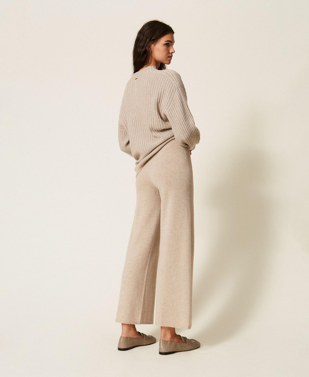 TWINSET Pantaloni a palazzo in maglia di misto lana 262TT3072 Mastice Chiaro Argento