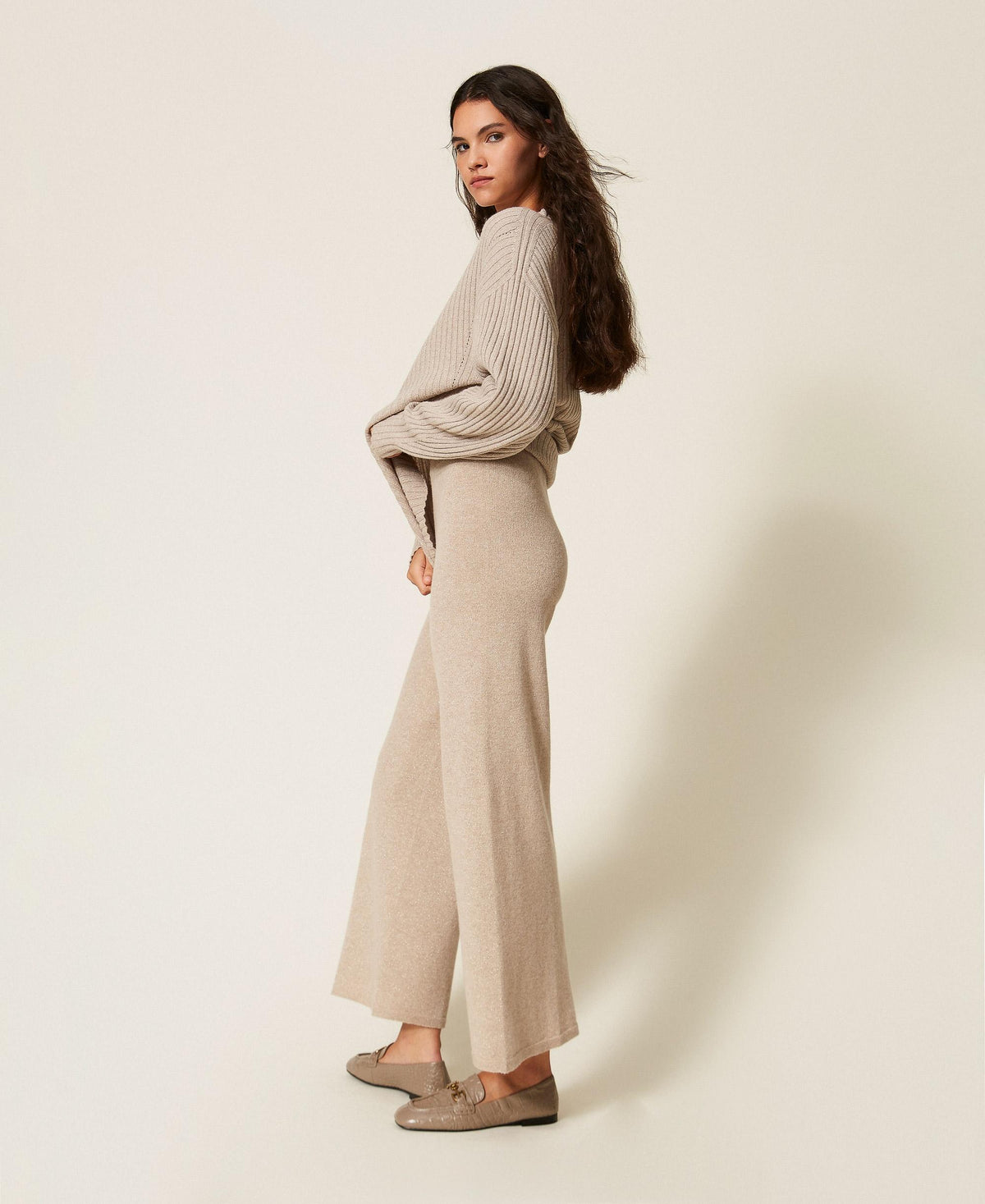 TWINSET Pantaloni a palazzo in maglia di misto lana 262TT3072 Mastice Chiaro Argento