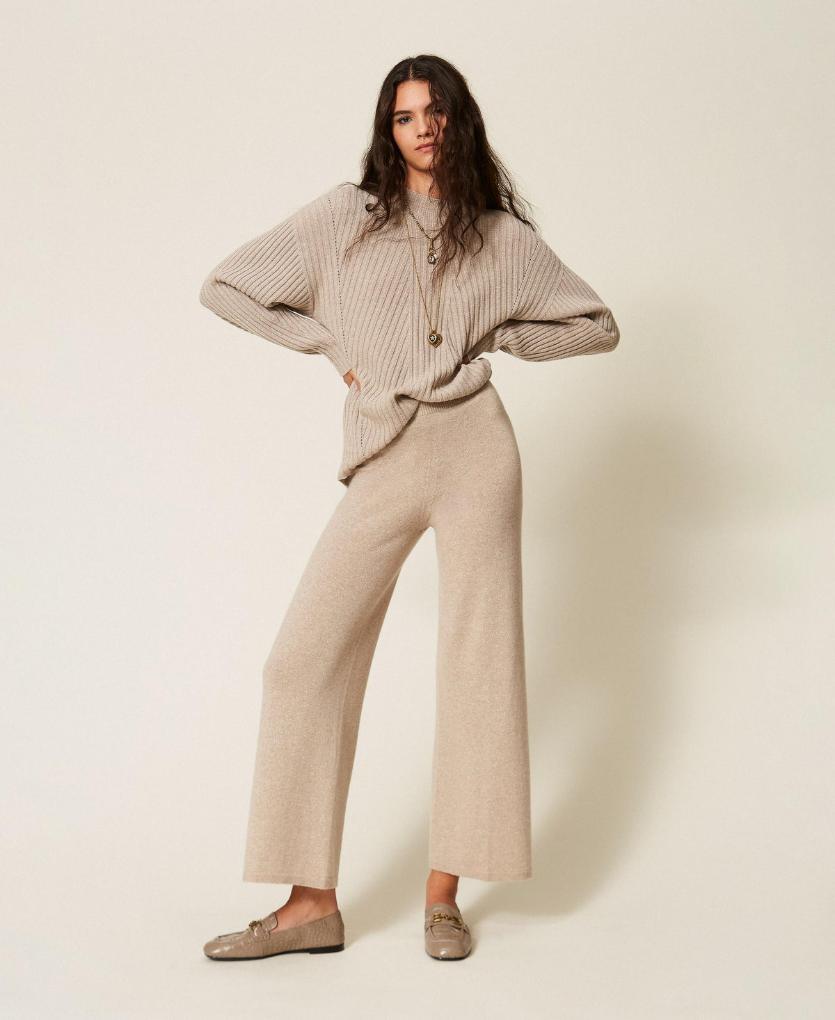 TWINSET Pantaloni a palazzo in maglia di misto lana 262TT3072 Mastice Chiaro Argento