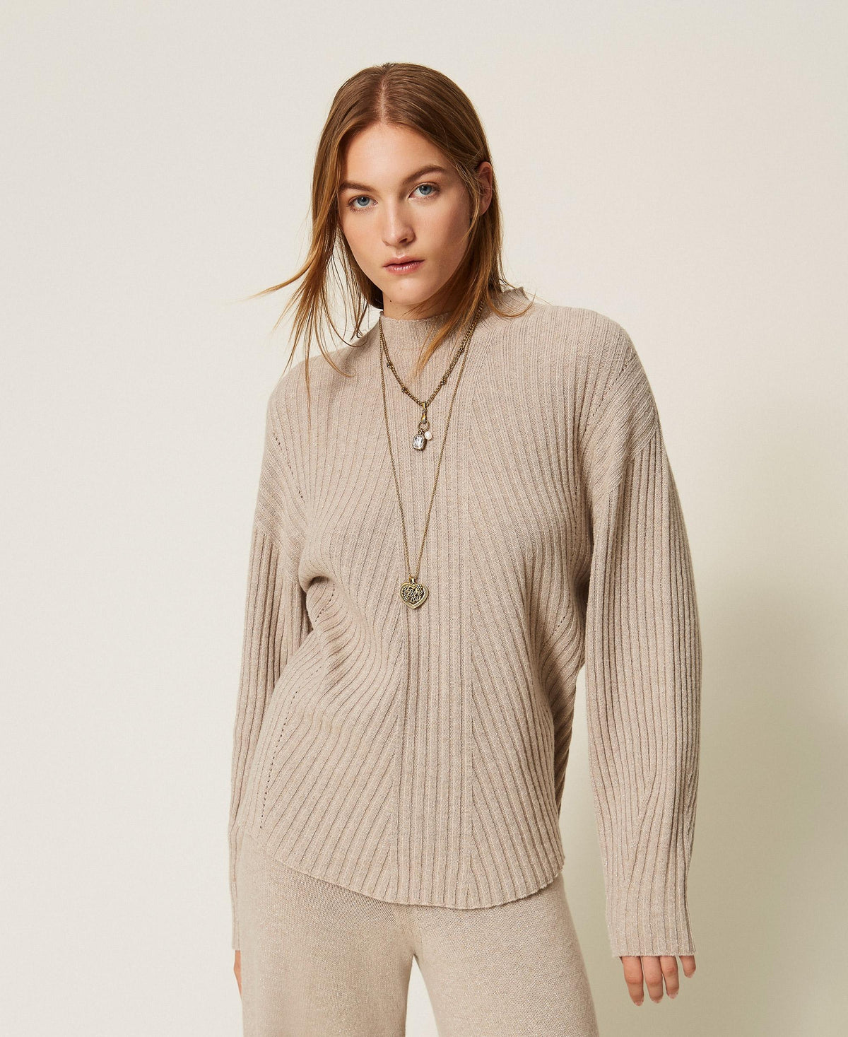 TWINSET Maglia di misto lana con lurex 262TT3073 Mastice Chiaro Argento