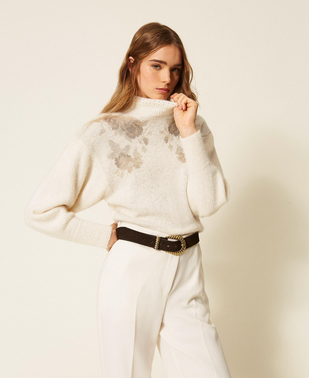TWINSET Maglia in misto alpaca jacquard 262TT3341 Jacquard Roses Madreperla
