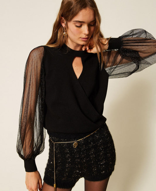 TWINSET Maglia con maniche in tulle plumetis 262TT3420 Nero