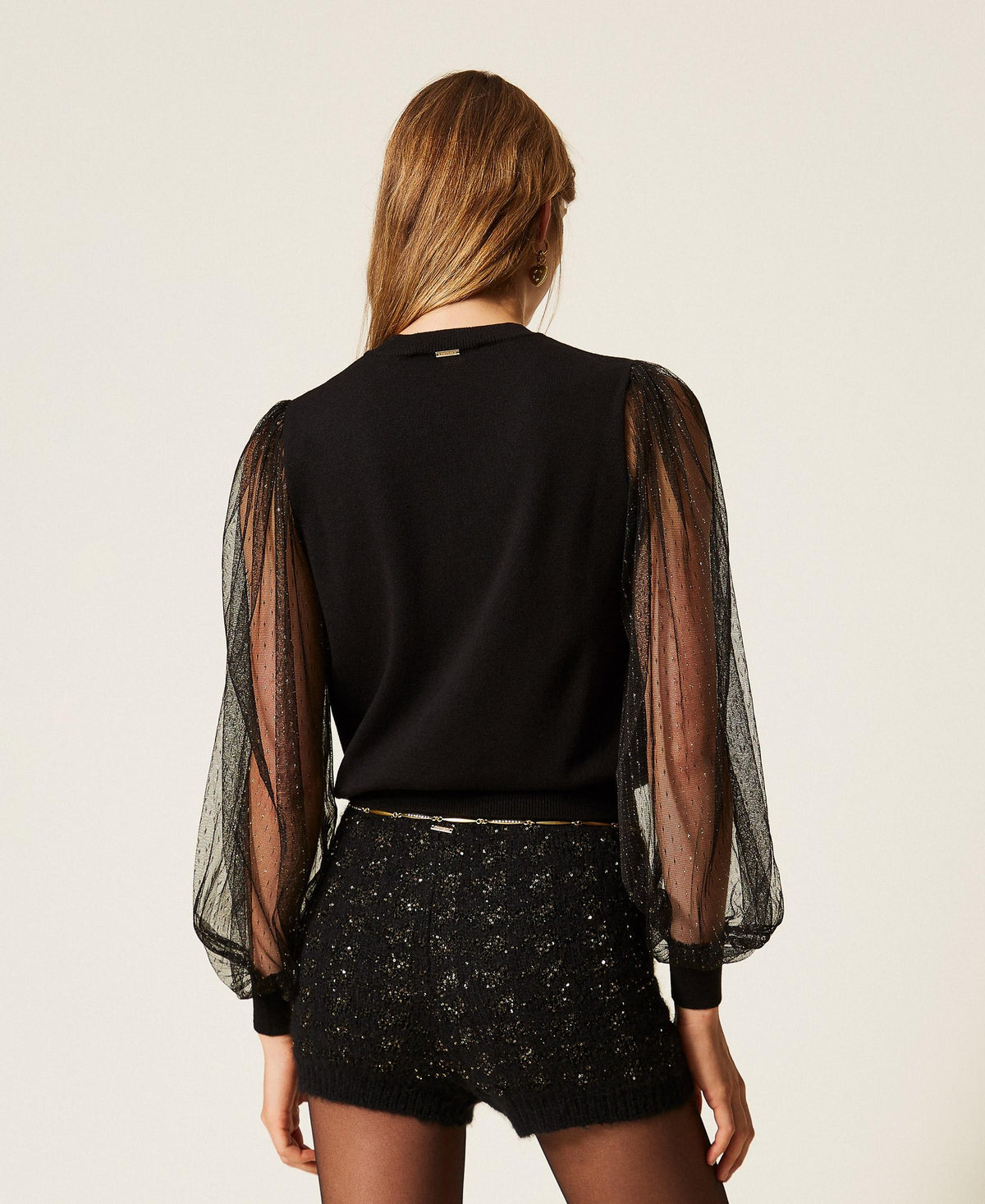 TWINSET Maglia con maniche in tulle plumetis 262TT3420 Nero